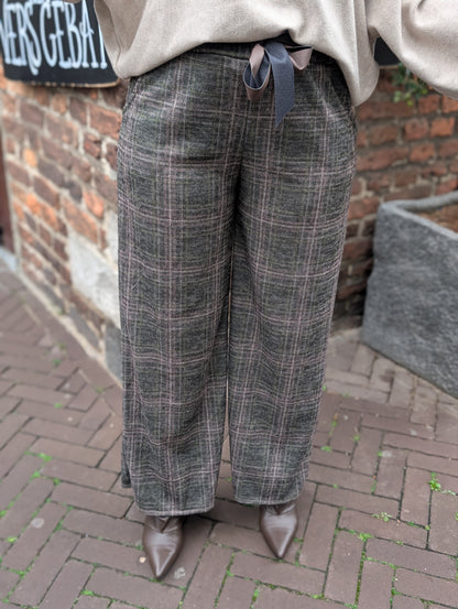 Lian Geruite pantalon met strikceintuur - Groen / camel / creme
