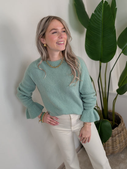 Fijn gebreide trui met ruffle mouwen - Groen