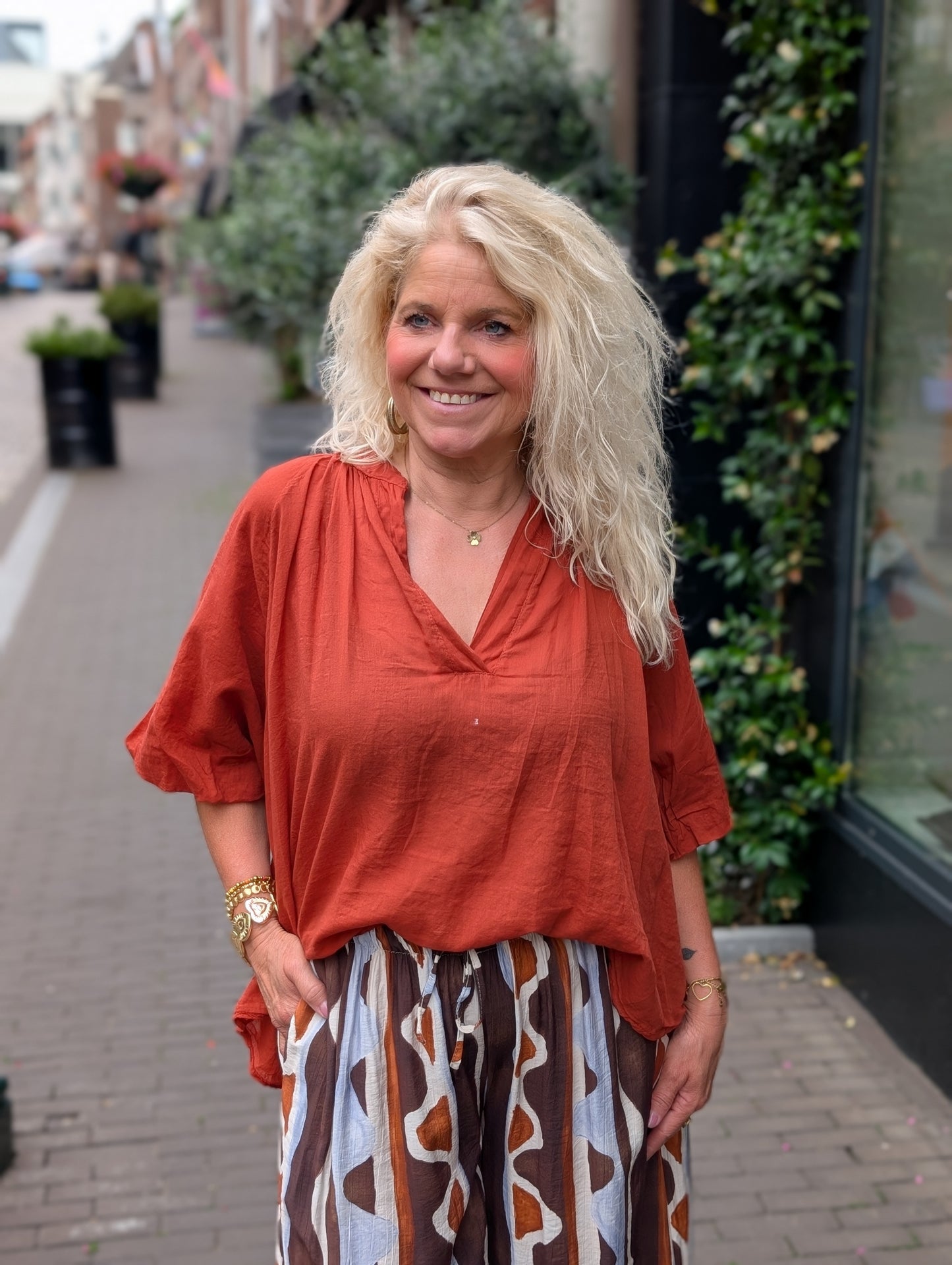 Luchtige katoenen blouse ballon mouw - Brique