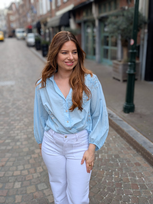 Katoenen bloem pailletten blouse Gina - Lichtblauw