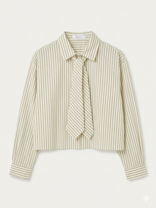 Pinstripe Prep Tie Blouse - Taupe/Ecru
