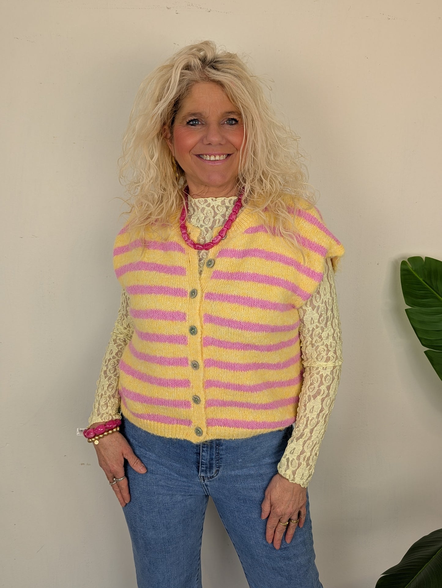 Gestreepte cardigan spencer Tess - Geel/Roze