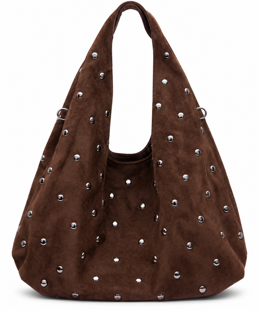 Zwarte suède-look schoudertas met studs - Bruin