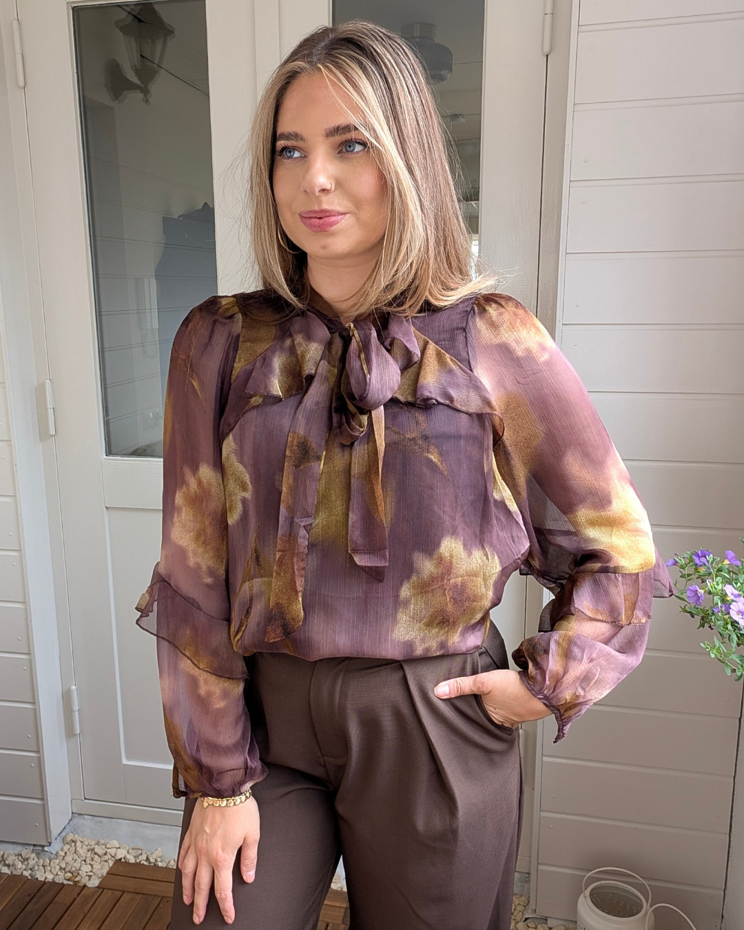 Print blouse met Strikkraag & Ruches - Aubergine/Mosgroen