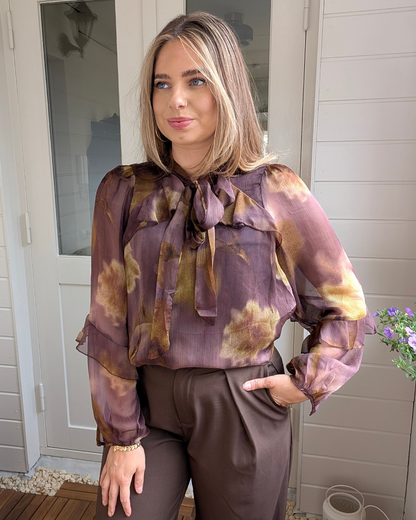 Print blouse met Strikkraag & Ruches - Aubergine/Mosgroen