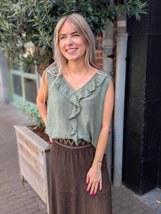 Patty ruffle top met v-hals - Army green