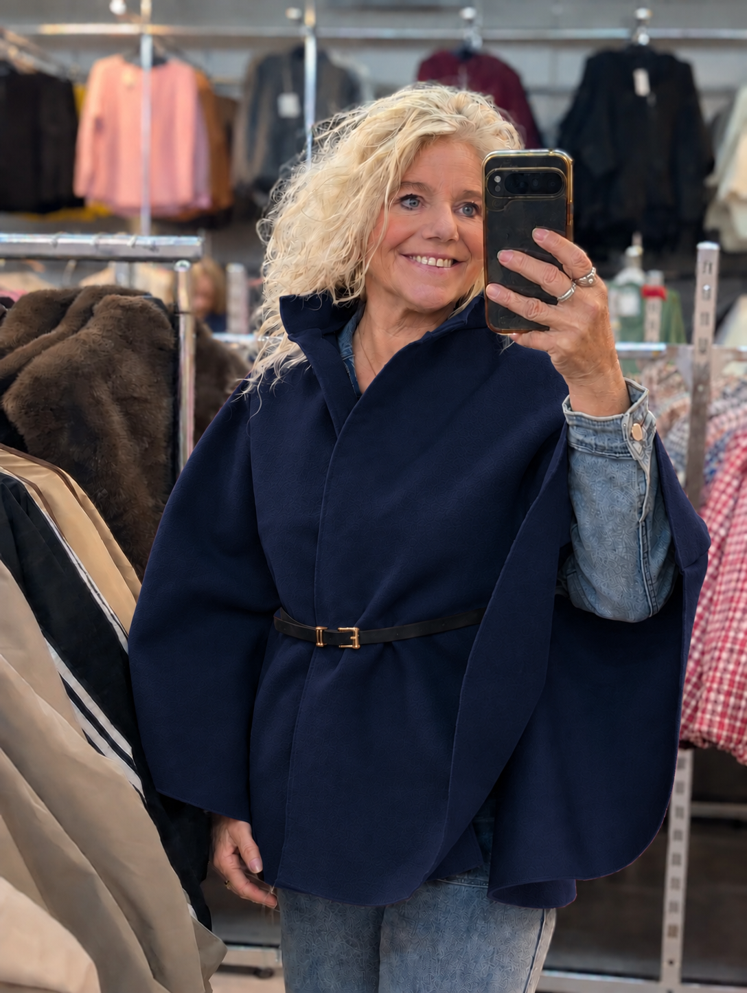 Moons poncho met riem - Donker blauw