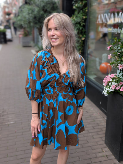 Korte jurk met smok details - Bruin/Blauw
