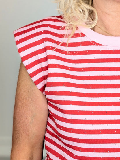 Basy streep glitter top - Roze /rood