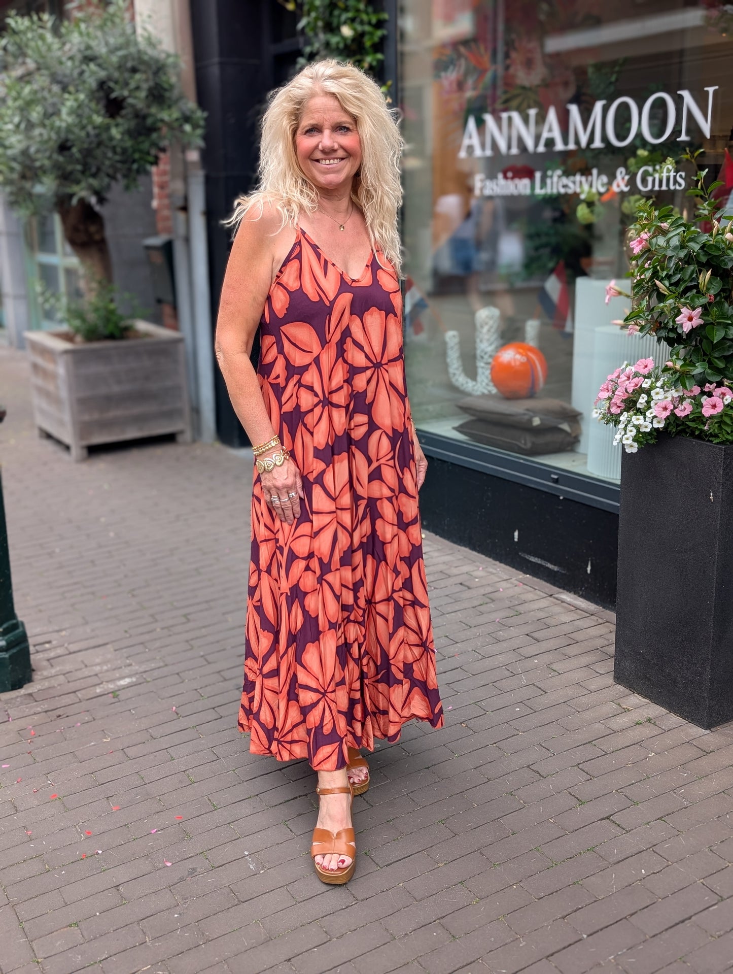 Aloha bloemen print maxi jurk - Oranje/Bordeaux
