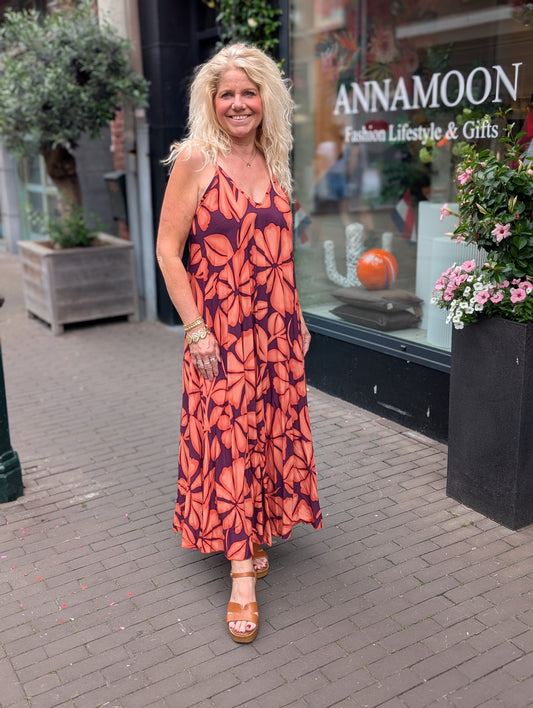 Aloha bloemen print maxi jurk - Oranje/Bordeaux