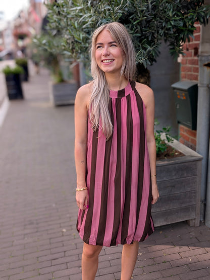 Gestreepte ballon jurk - Roze/Bruin
