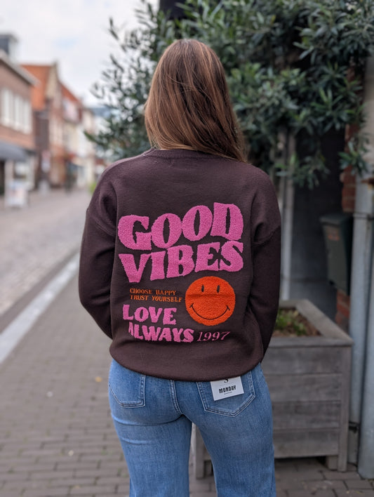 Good vibes smiley sweater - Bruin / roze / orange