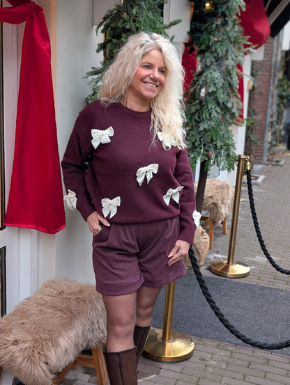 Nolana trui met strikjes - Bordeaux met beige strikjes