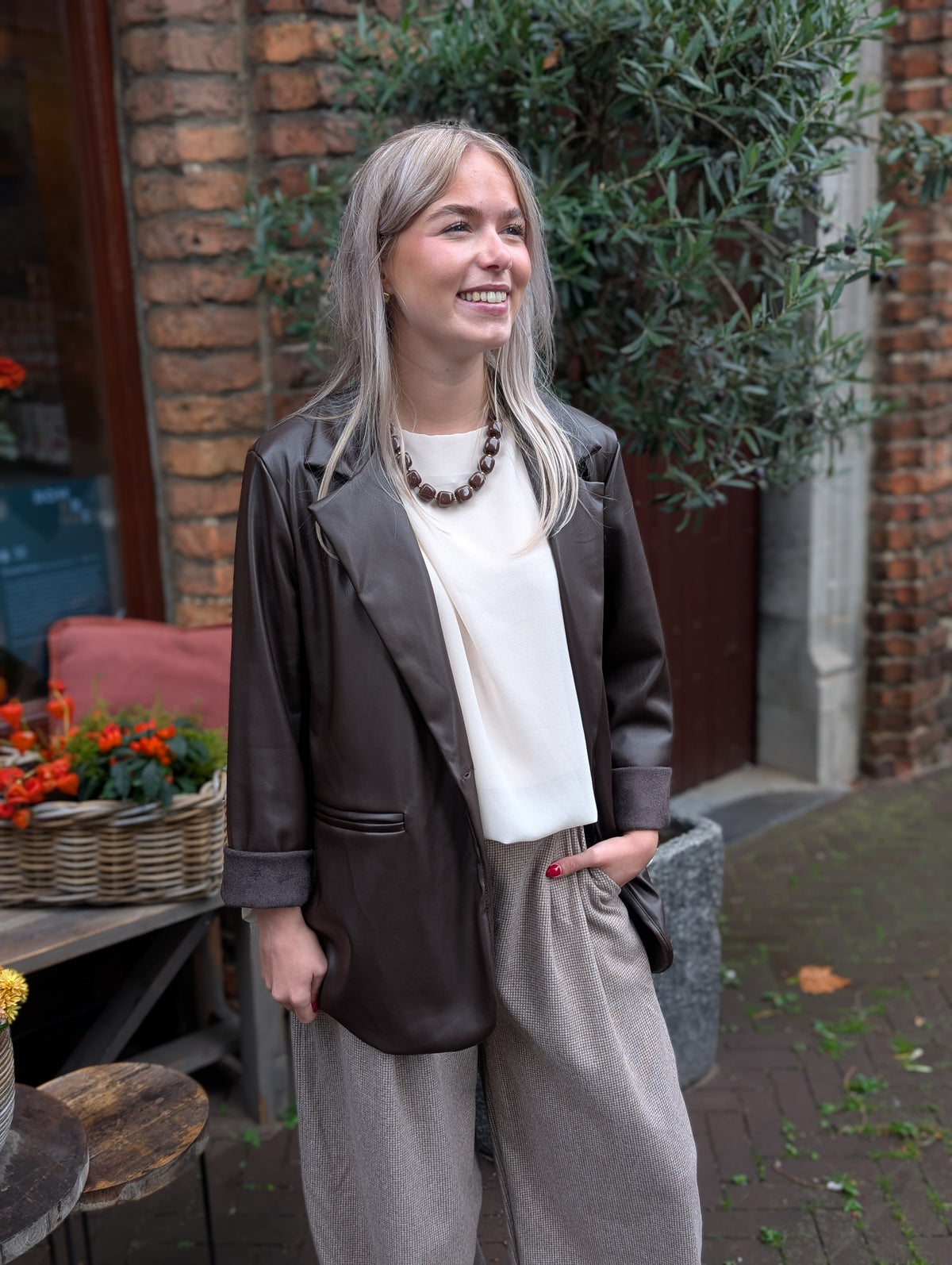Lia leder look blazer - Bruin