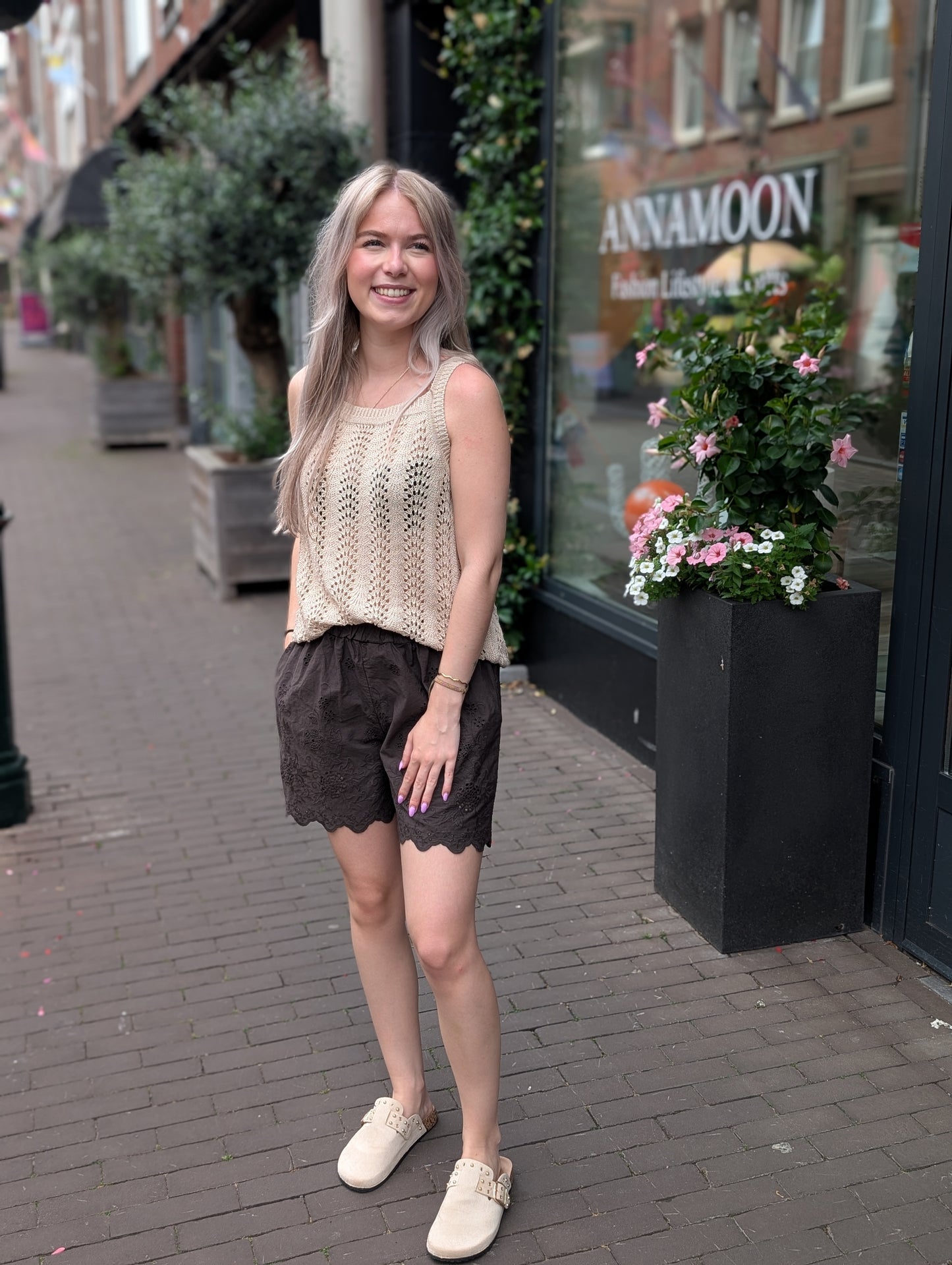 Ajour gebreide top Liz - Zand