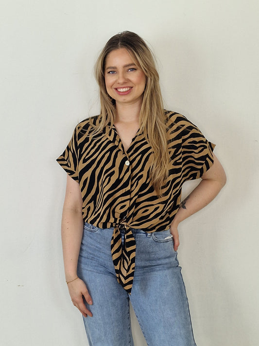 Nicole knoop blouse - Zebra print bruin/ zwart