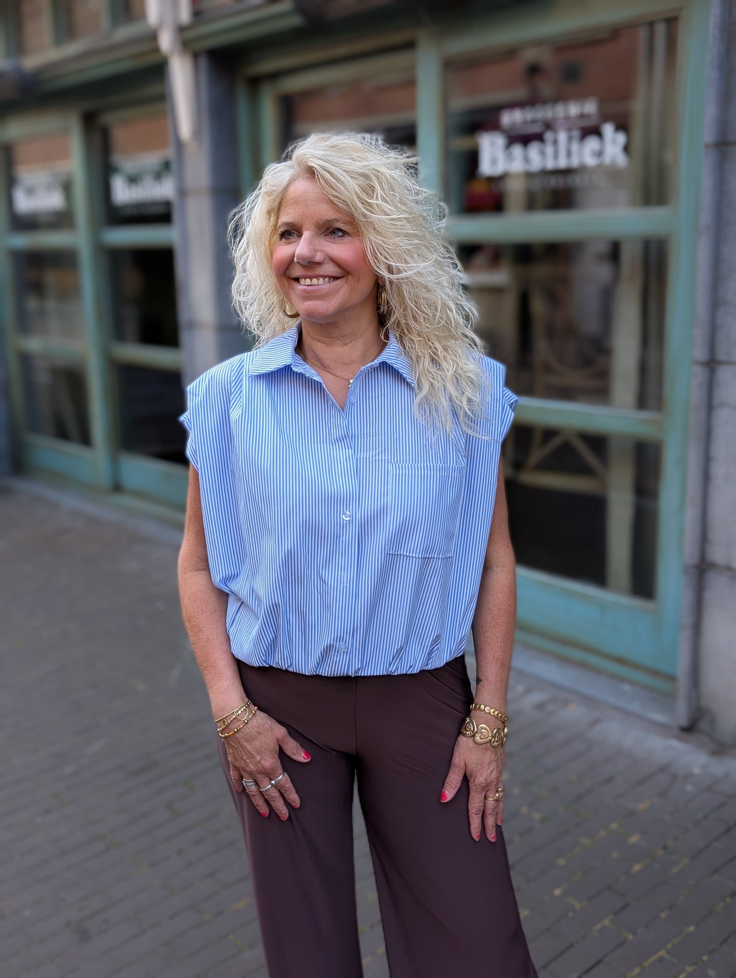 Bo strepen top met elastiek onderin - Wit / blauw