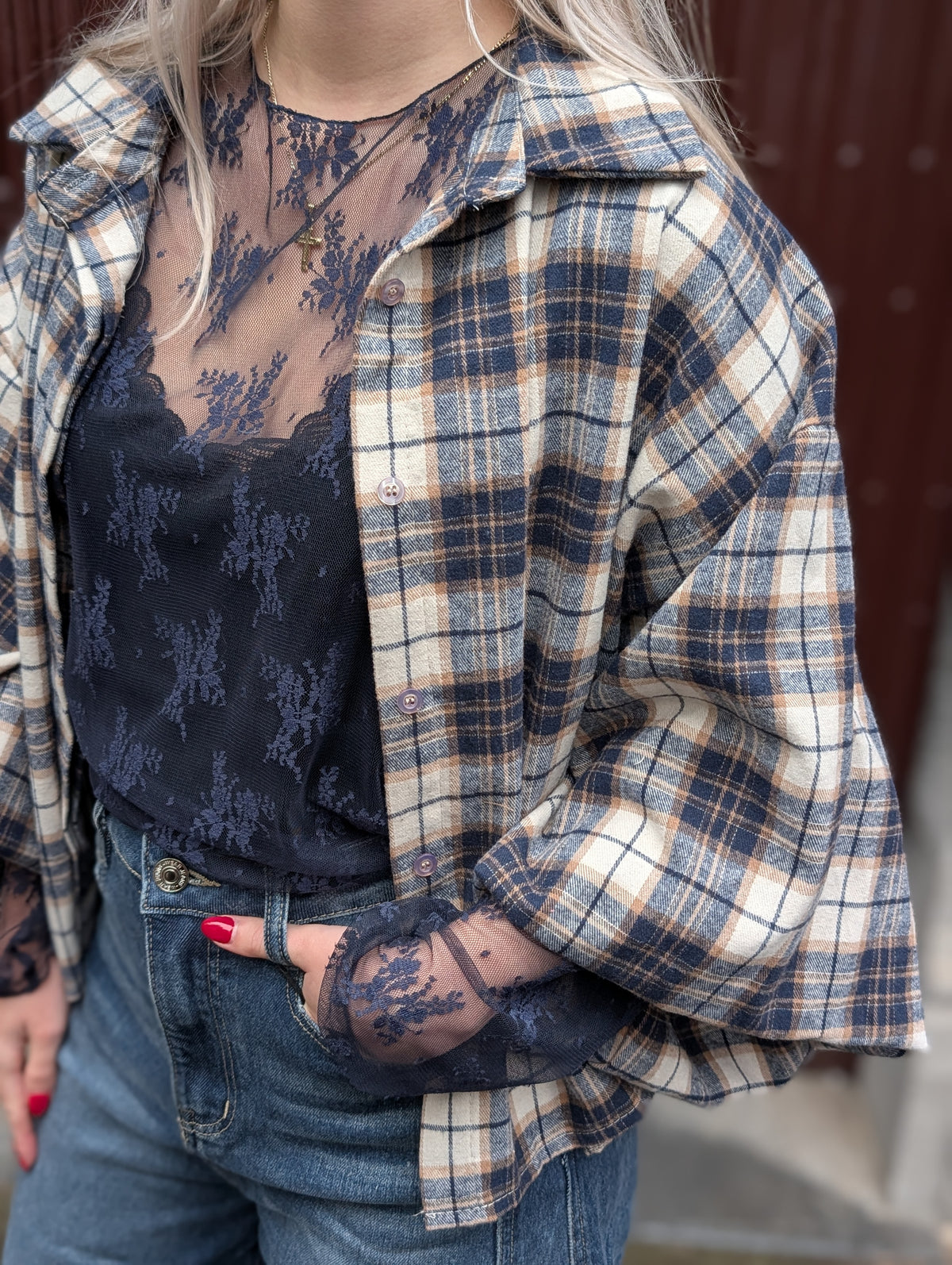 Bo ruiten blouse - Blauw / ecru / camel
