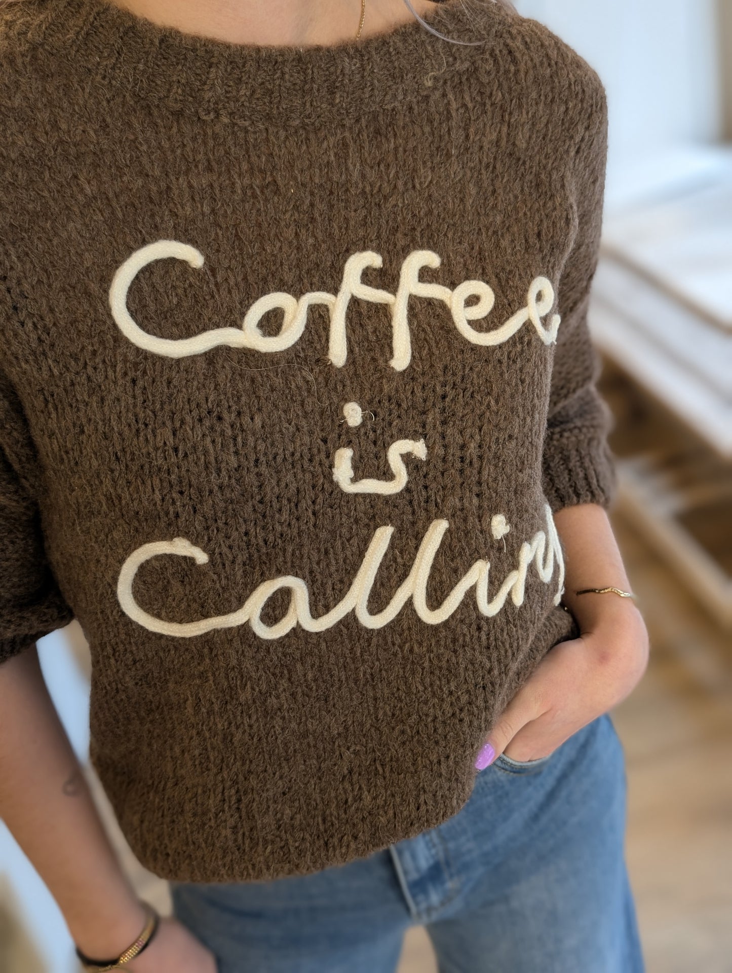 Coffee is colling trui - Taupe/ creme