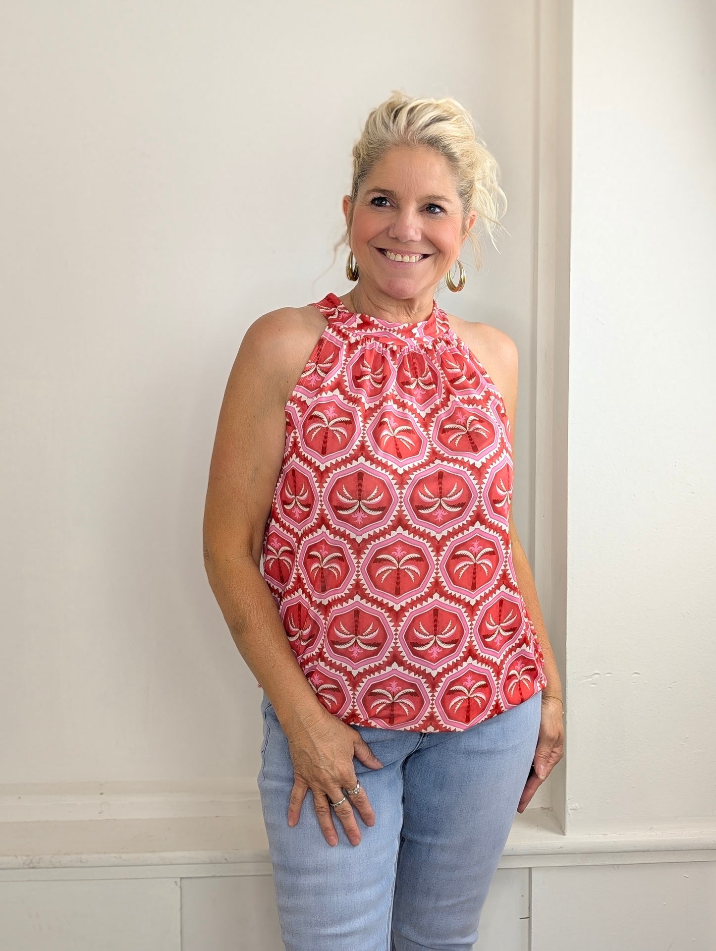 Haltertop palm print - Rood / roze