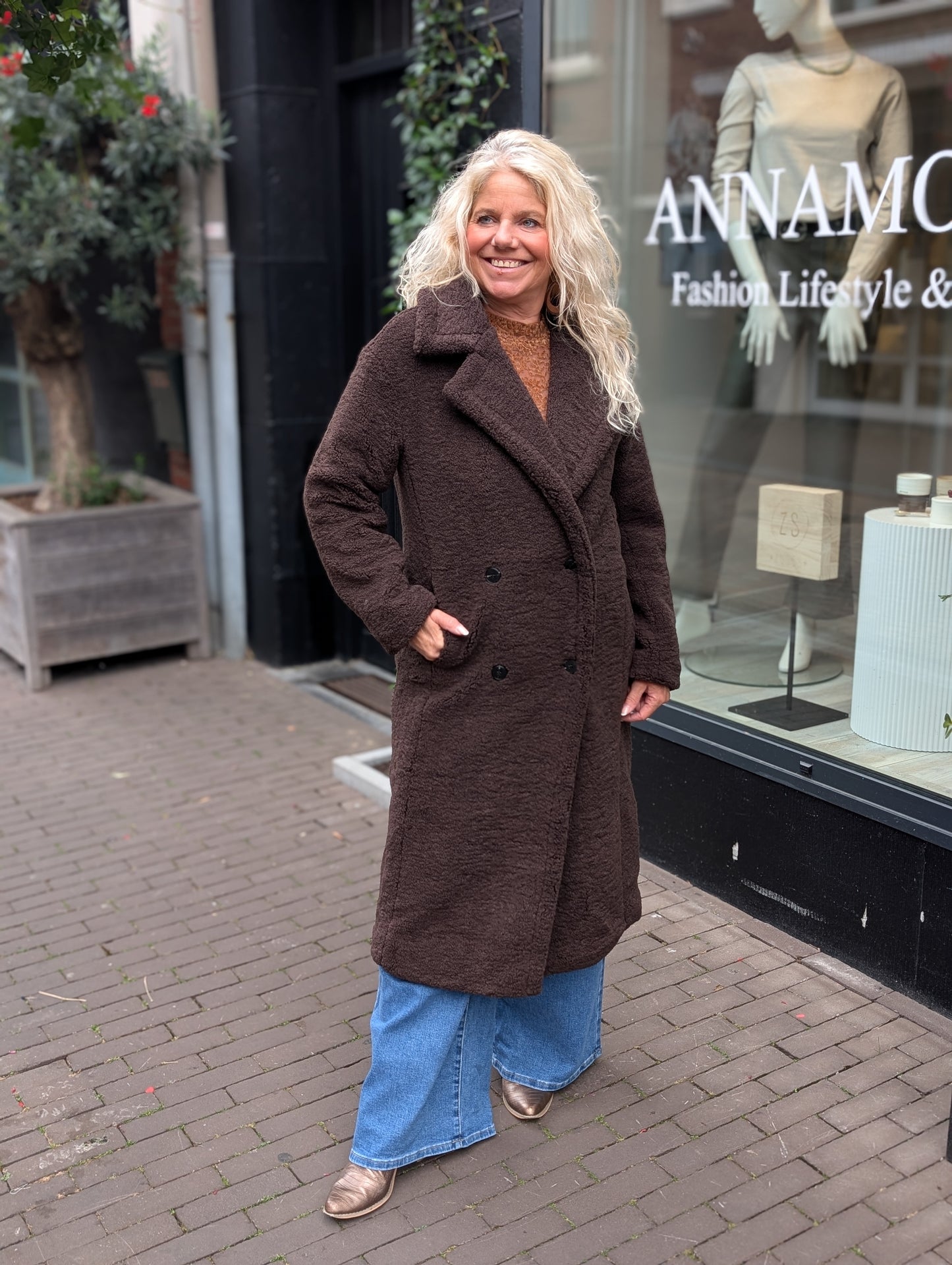Lange teddy jas Evie - Donkerbruin