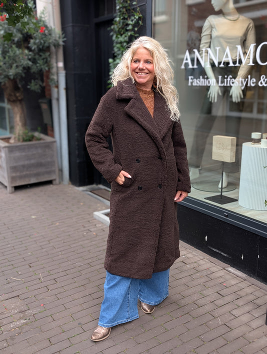 Lange teddy jas Evie - Donkerbruin