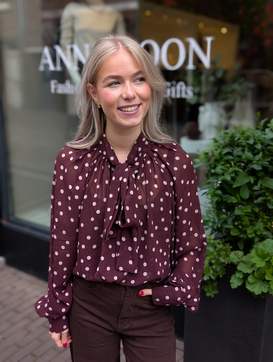 Dots strik blouse - Wijn rood/ creme