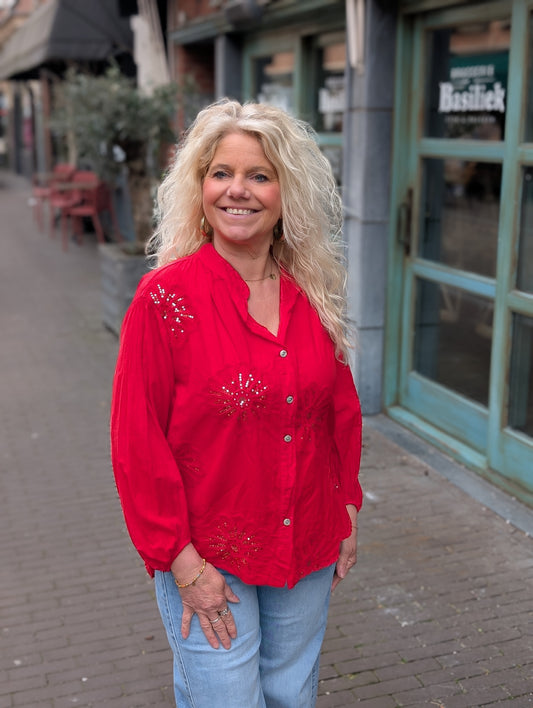 Katoenen bloem pailletten blouse Gina - Rood