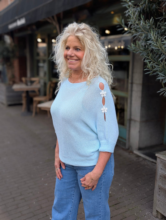 Flower detail trui Eva - Aqua