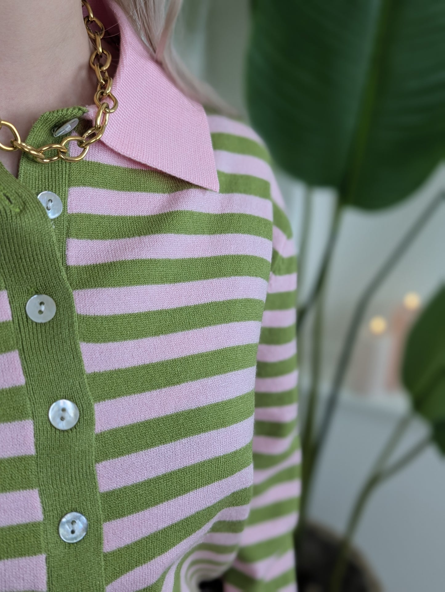 Gestreepte longsleeve polo - Groen/Roze