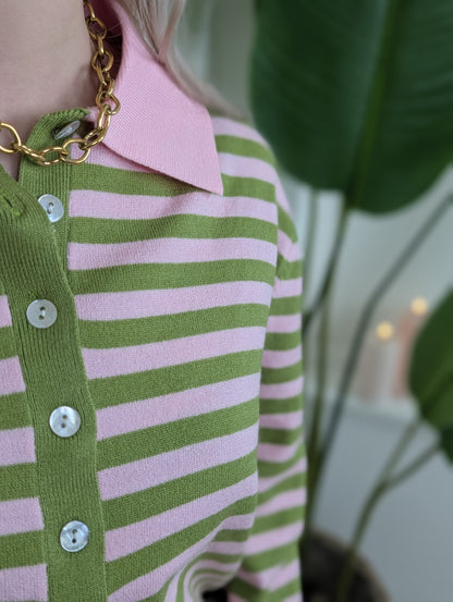 Gestreepte longsleeve polo - Groen/Roze