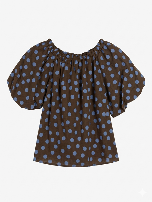 Polkadot Pofmouw Blouse - Choco/Cloud Blue