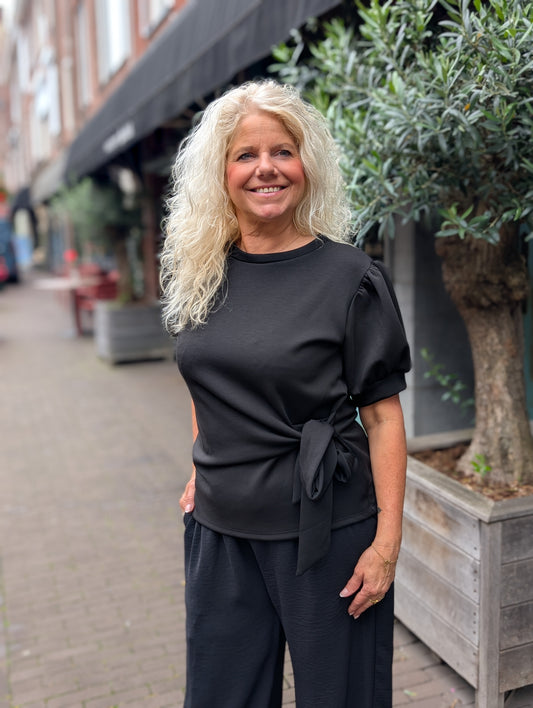 Lis strik shirt met pof mouw - Zwart