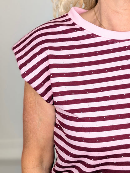 Basy streep glitter top - Bordeaux rood / roze