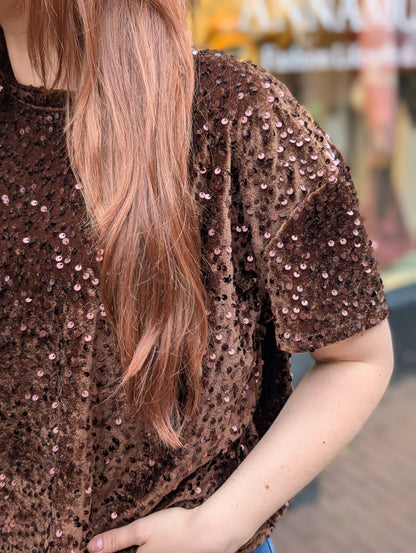 Jone pailletten trui met pof mouw - Donker bruin