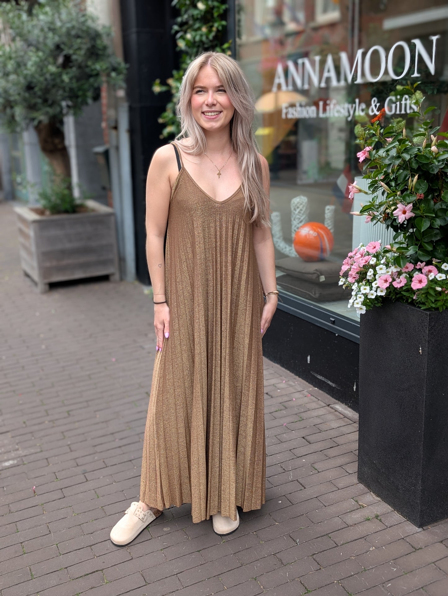 Maxi plisse glitter jurk - Goud