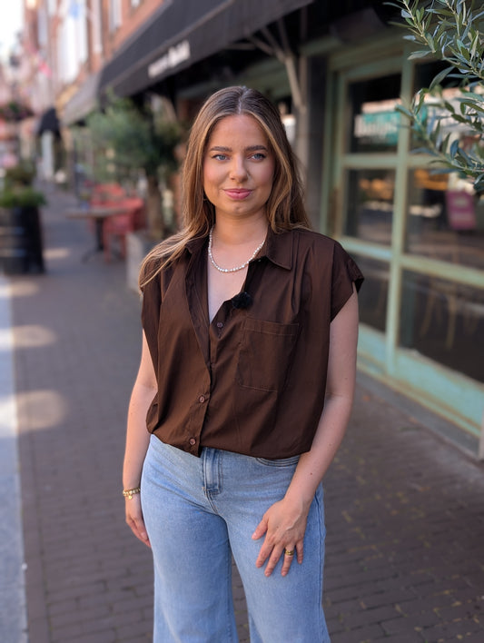 Bo blouse top met elastiek onderin - Bruin