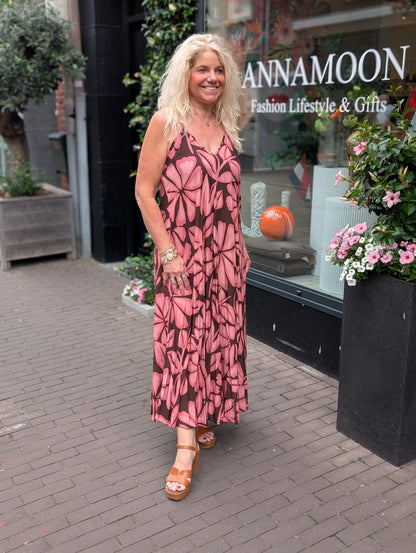 Aloha bloemen print maxi jurk - Roze/Bruin