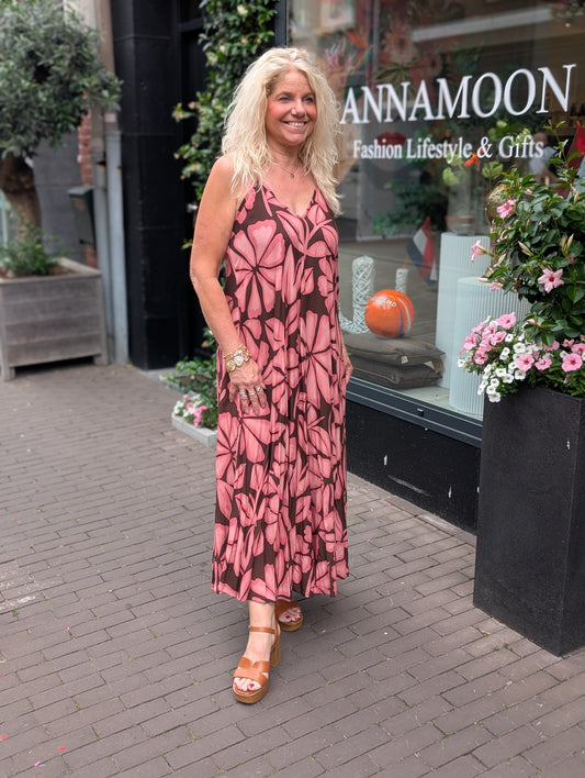 Aloha bloemen print maxi jurk - Roze/Bruin