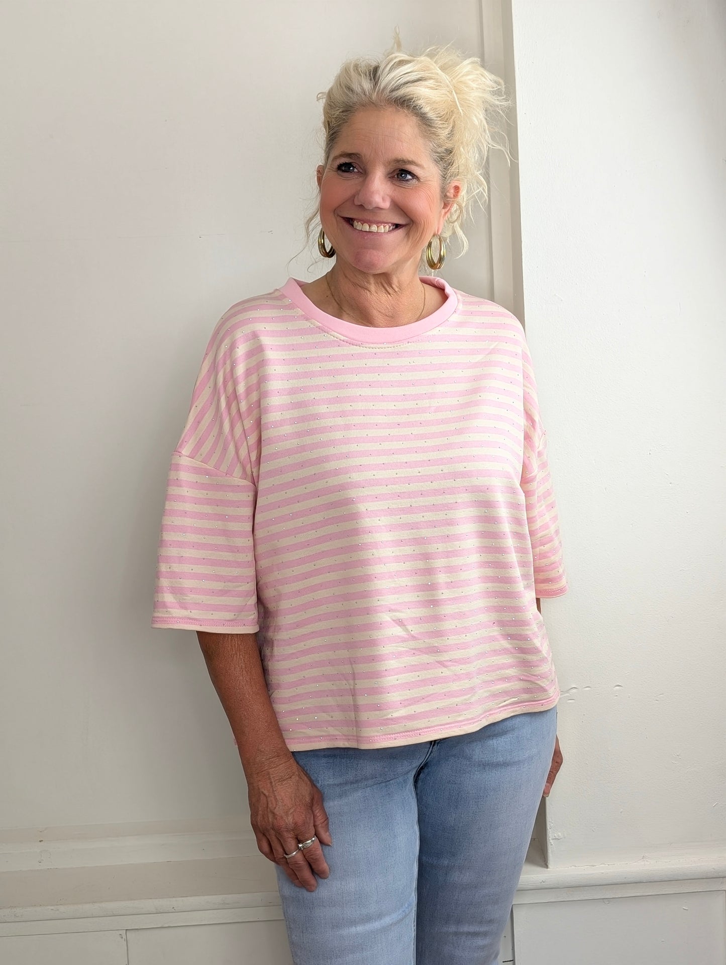 Gestreept shirt shimmer - Creme / roze
