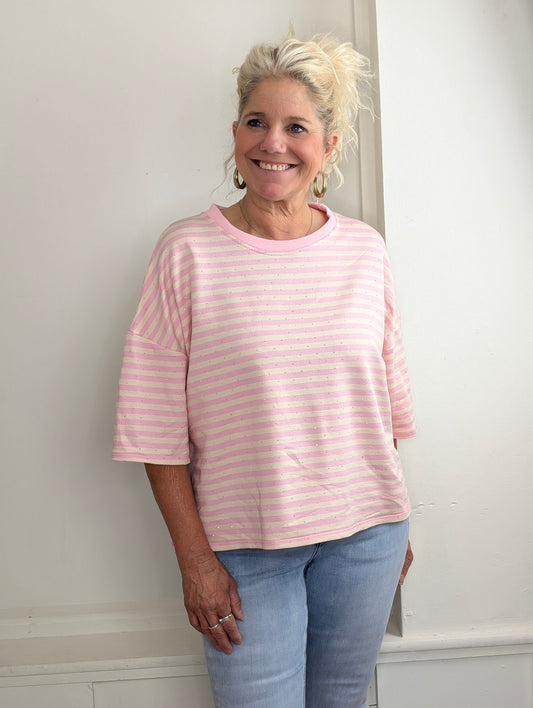 Gestreept shirt shimmer - Creme / roze