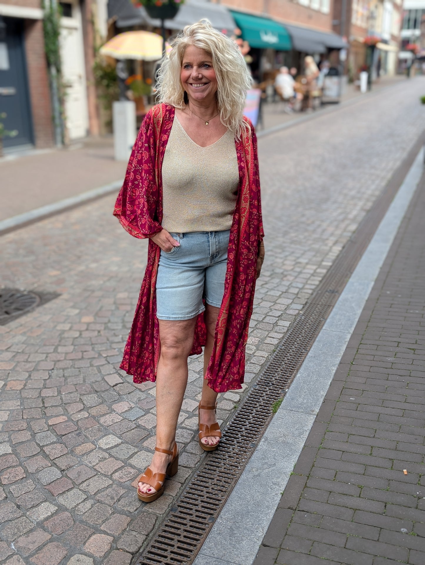 Lange kimono bloemen - Bordeaux/Rood