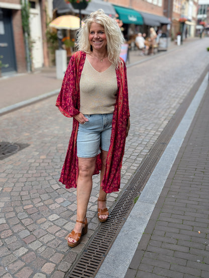 Lange kimono bloemen - Bordeaux/Rood