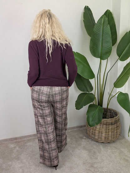 Lian Geruite pantalon met strikceintuur - Taupe / bruin / bordeaux
