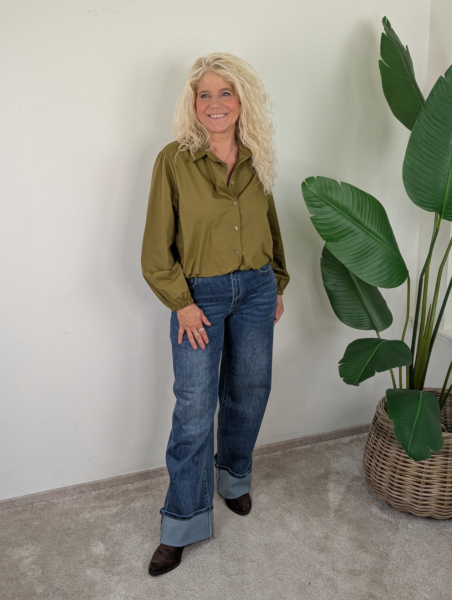 Katoenen blouse Veerle lange mouw - Olijfgroen