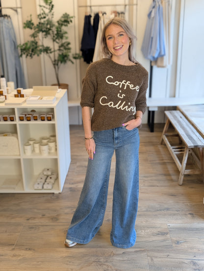 Coffee is colling trui - Taupe/ creme