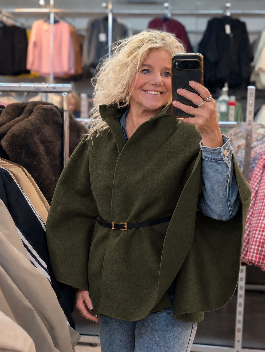 Moons poncho met riem - Donker groen