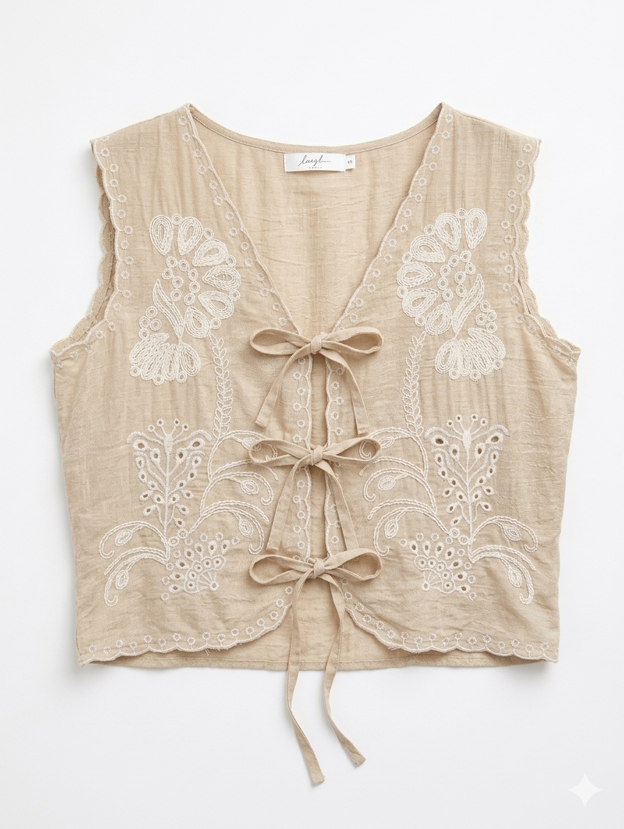 Luna Azure Embroidered Vest – Oatmeal