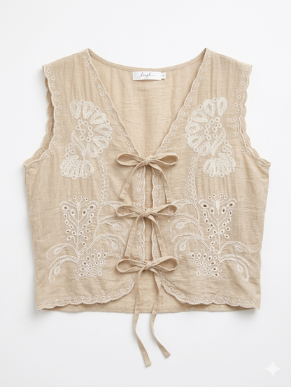 Luna Azure Embroidered Vest – Oatmeal